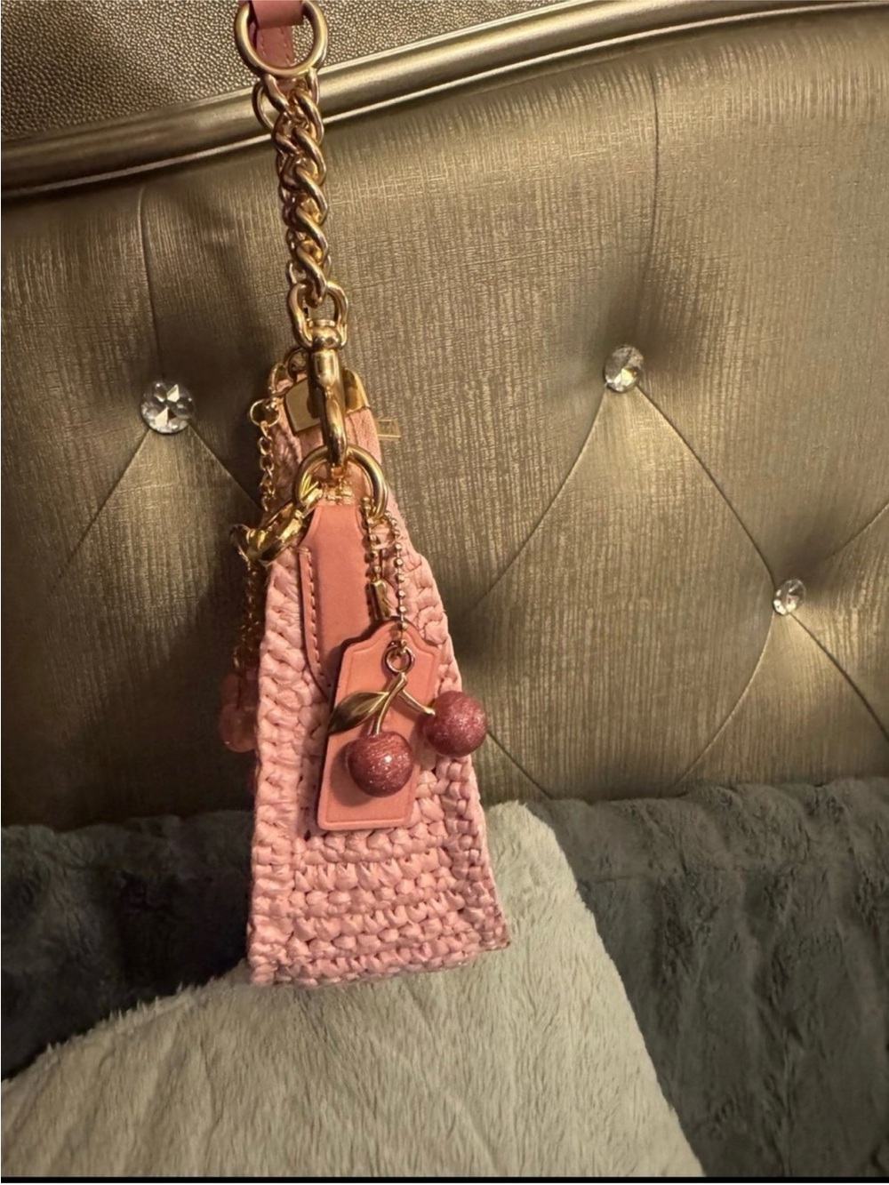 Coach Pink Crochet Shoulder Bag with Cherry Charm - Picture 2 of 3